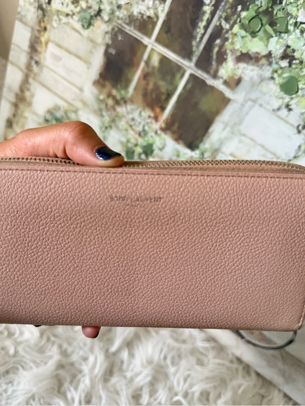 Saint Laurent Blush Pink Zip-Around Pebbled Leather Wallet-pre-loved